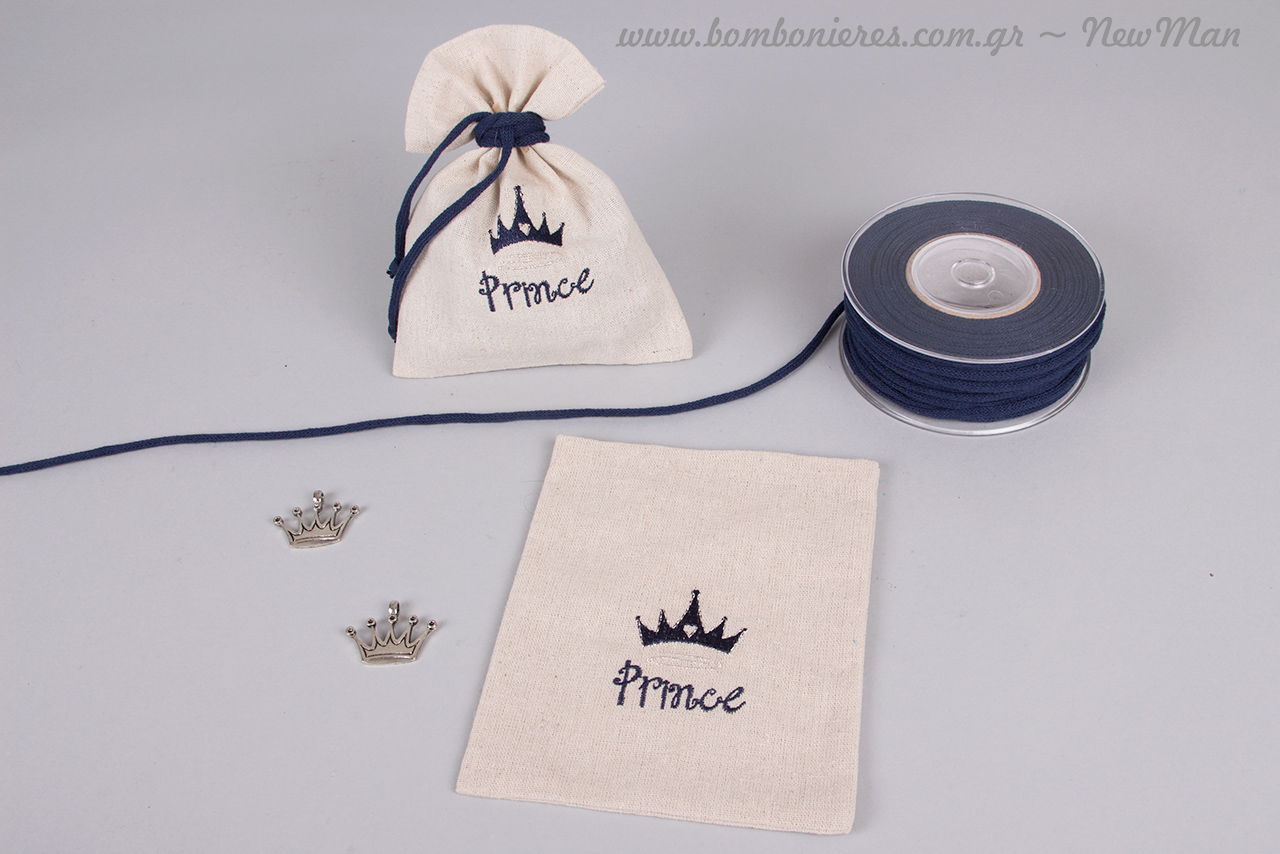 Κεντημένο πουγκί Prince (σε ναυτικό μπλε) και μεταλλική κορώνα αντικέ σε ασημί.