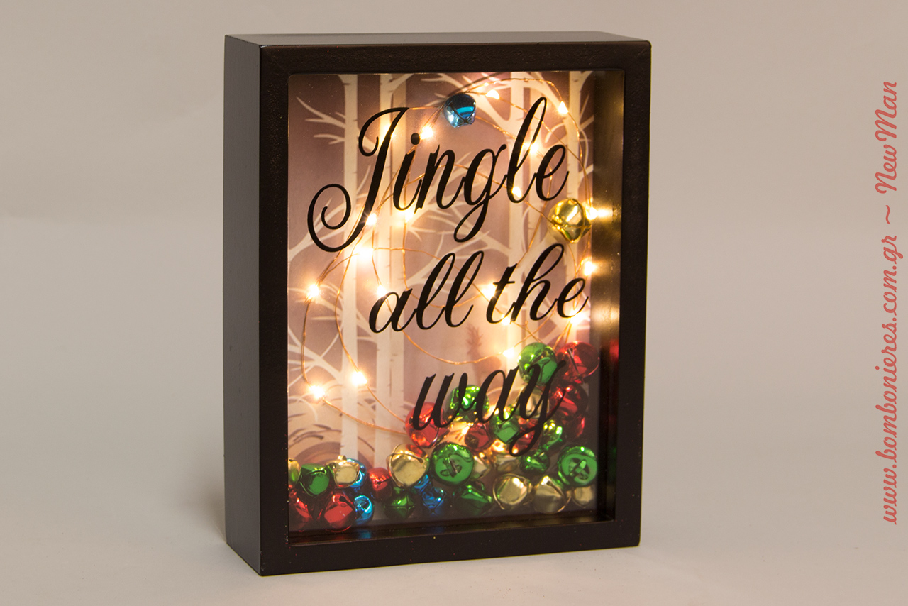 Χριστουγεννιάτικο καδράκι Jingle all the way (12 x 22 x 2cm) με φως Led και κουδουνάκια.