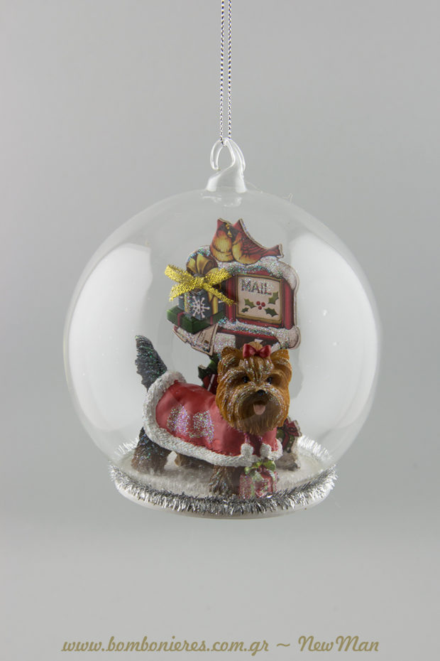 380583 Γυάλινη μπάλα με yorkshire terrier (12cm). Μια υπέροχη ιδέα για δωράκι σε φίλο ή συγγενή που λατρεύει τα χαριτωμένα αυτά σκυλάκια.