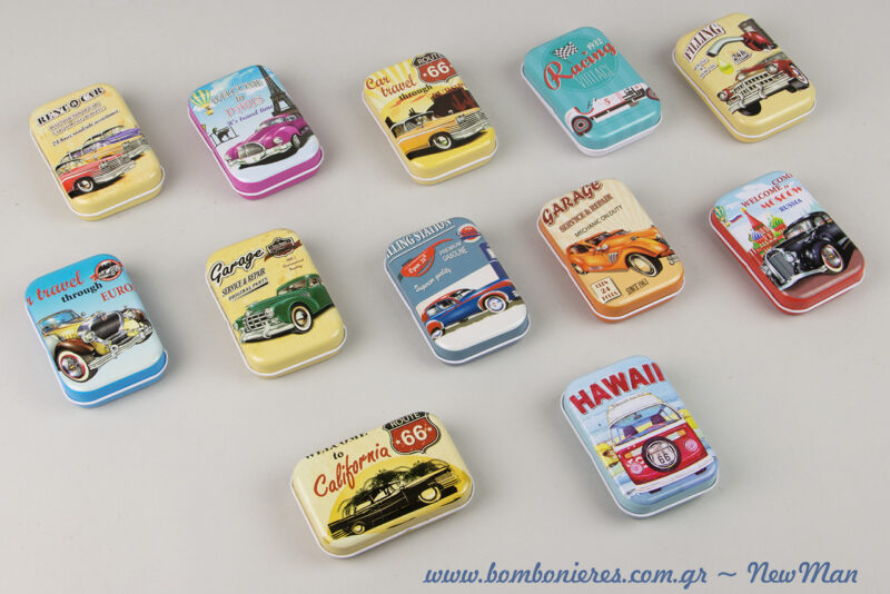 Agoristiki mpomponiera se metalliko kouti me 12 diaforetika sxedia vintage aftokinitwn apo ta 50s -60s (7.5 x 5 x 2cm).