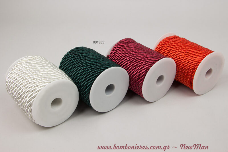Κορδόνια Rayon (9mm x 15m) σε τέσσερις αποχρώσεις: λευκό, κυπαρισσί, μπορντό, κόκκινο.